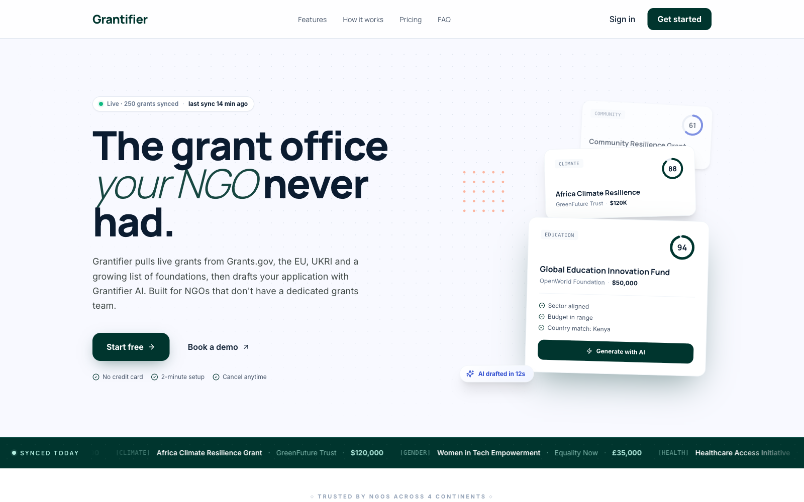 Grantifier — AI Grant Discovery Platform — live homepage screenshot